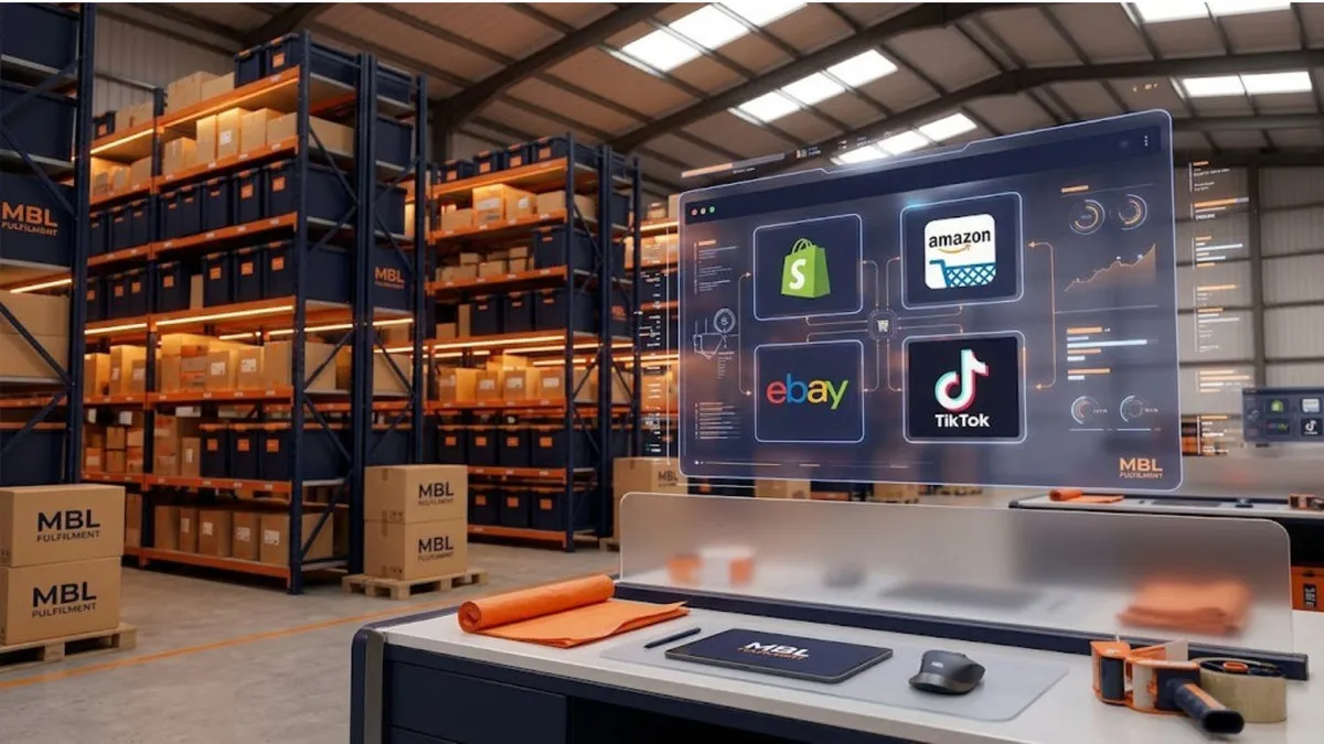Inside an ecommerce fulfilment warehouse — MBL Fulfilment hub showing Shopify, Amazon, eBay and TikTok Shop platform integrations on a holographic screen
