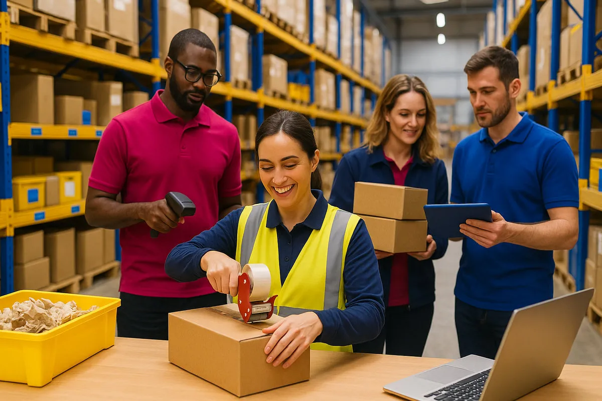 Team of ecommerce fulfilment workers preparing and scanning packages in a warehouse