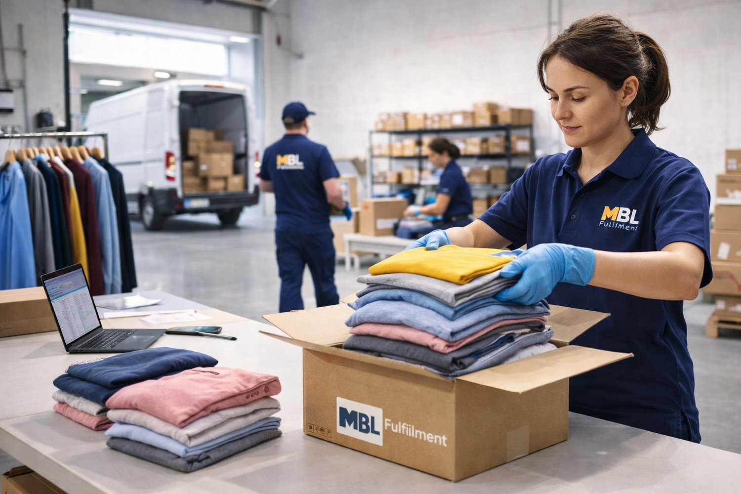 MBL team packing an order into a branded box